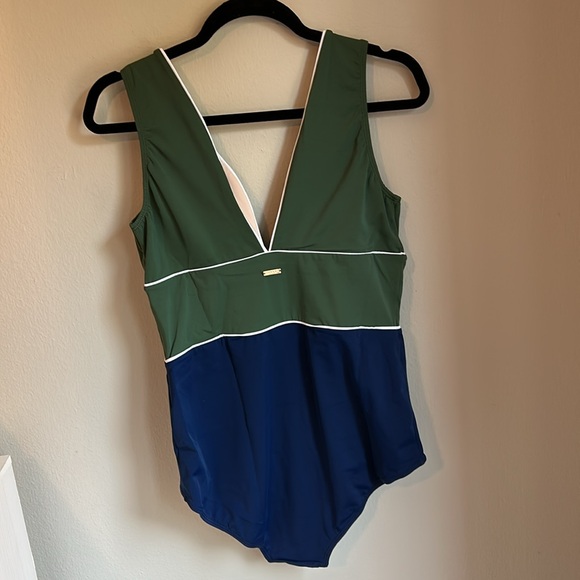 Olive Green Paneled V- Neck One Piece - Picture 3 of 4